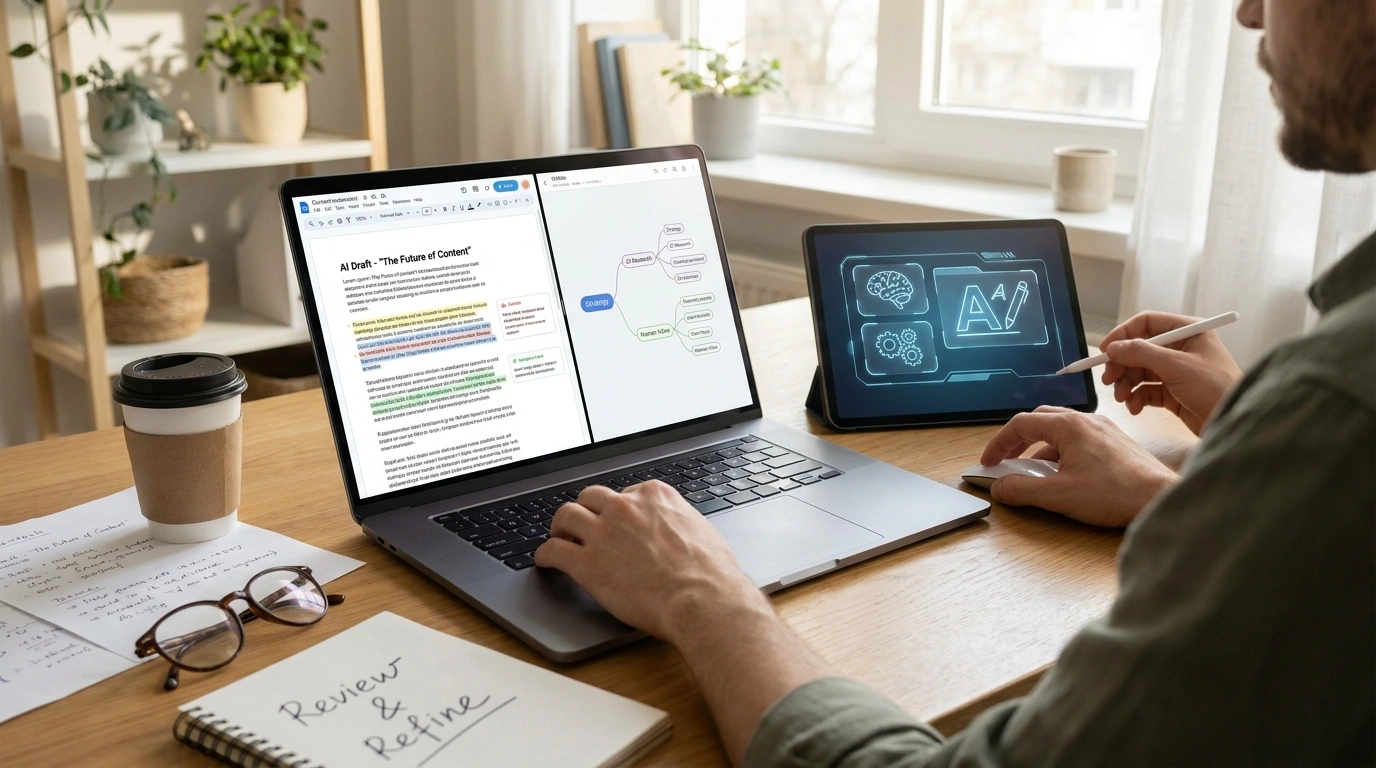AI content blog category image with human edited content planning workflow