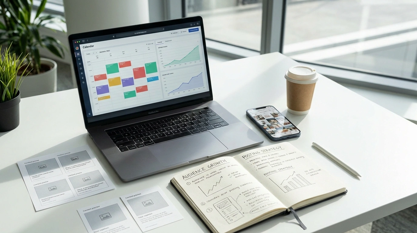 Social media growth blog category image with content planning and engagement strategy
