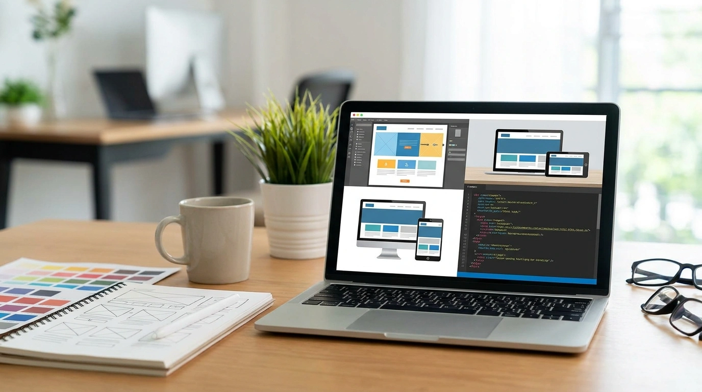Web development blog category image with website planning workspace