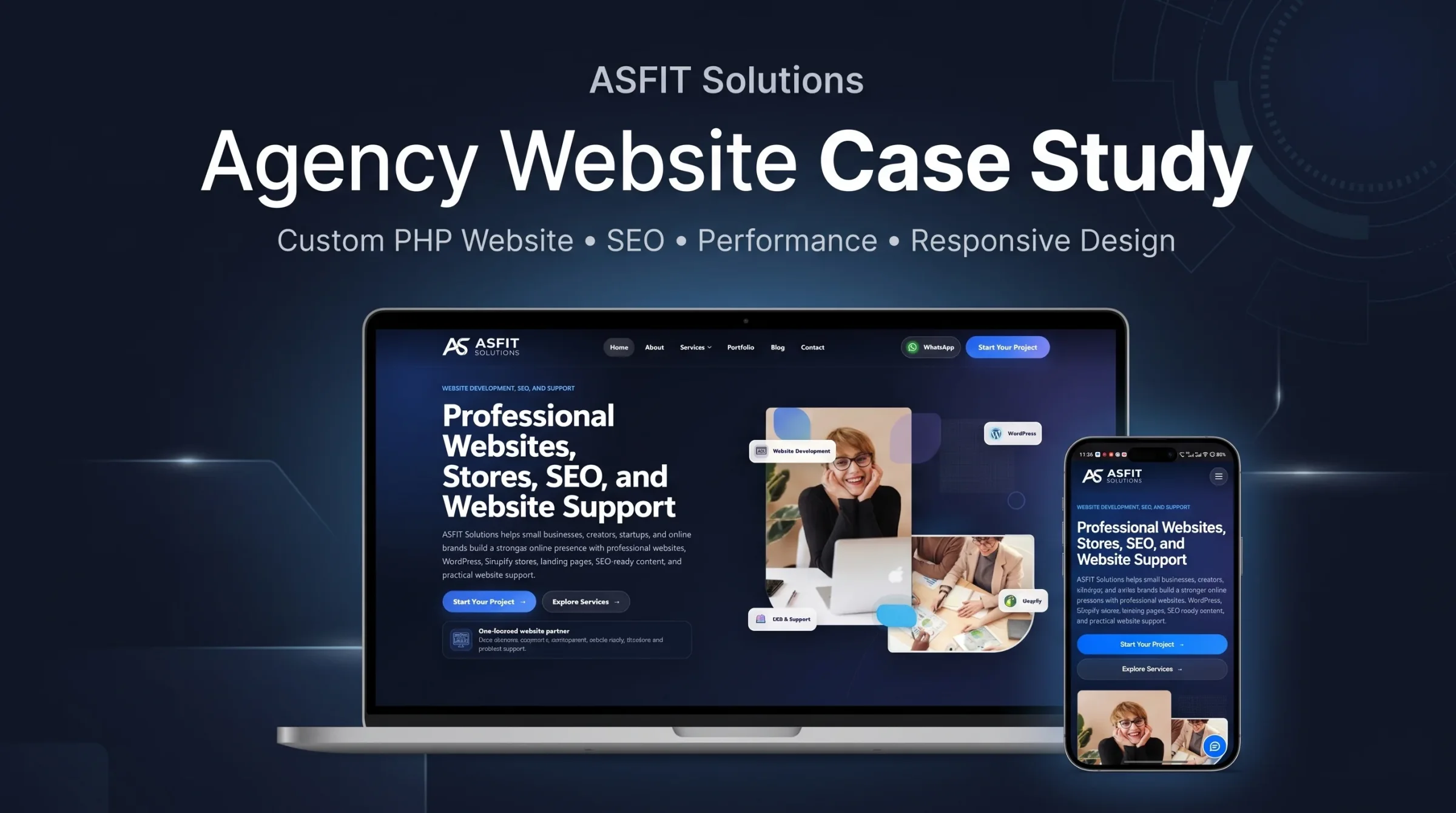 ASFIT Solutions custom PHP agency website case study shown on desktop and mobile devices