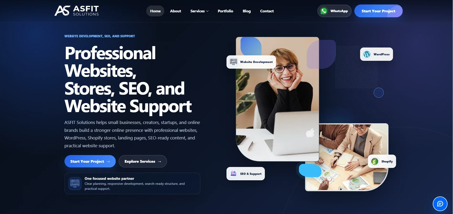 ASFIT Solutions agency website desktop homepage with web development SEO and support services