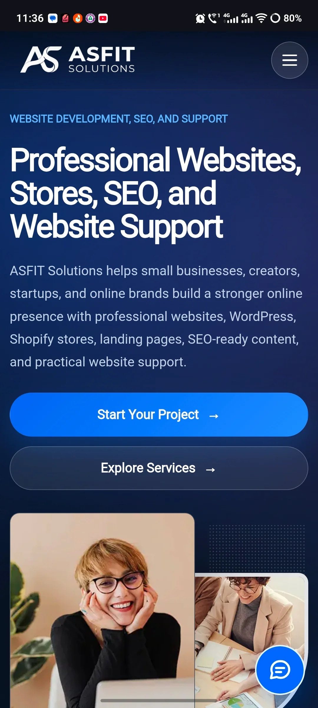 ASFIT Solutions agency website mobile homepage with responsive service layout and contact options