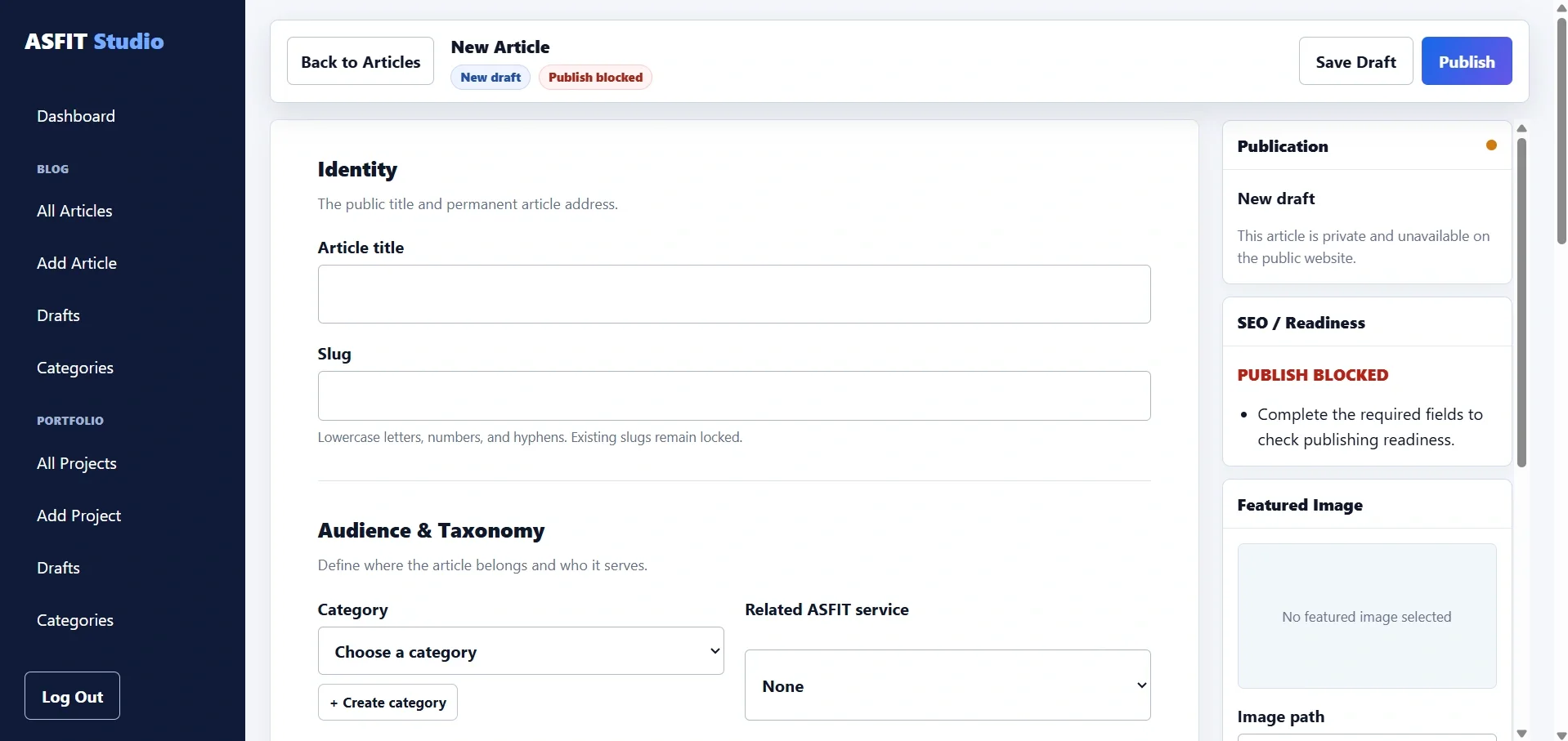 ASFIT Studio article editor for managing structured blog content and SEO fields