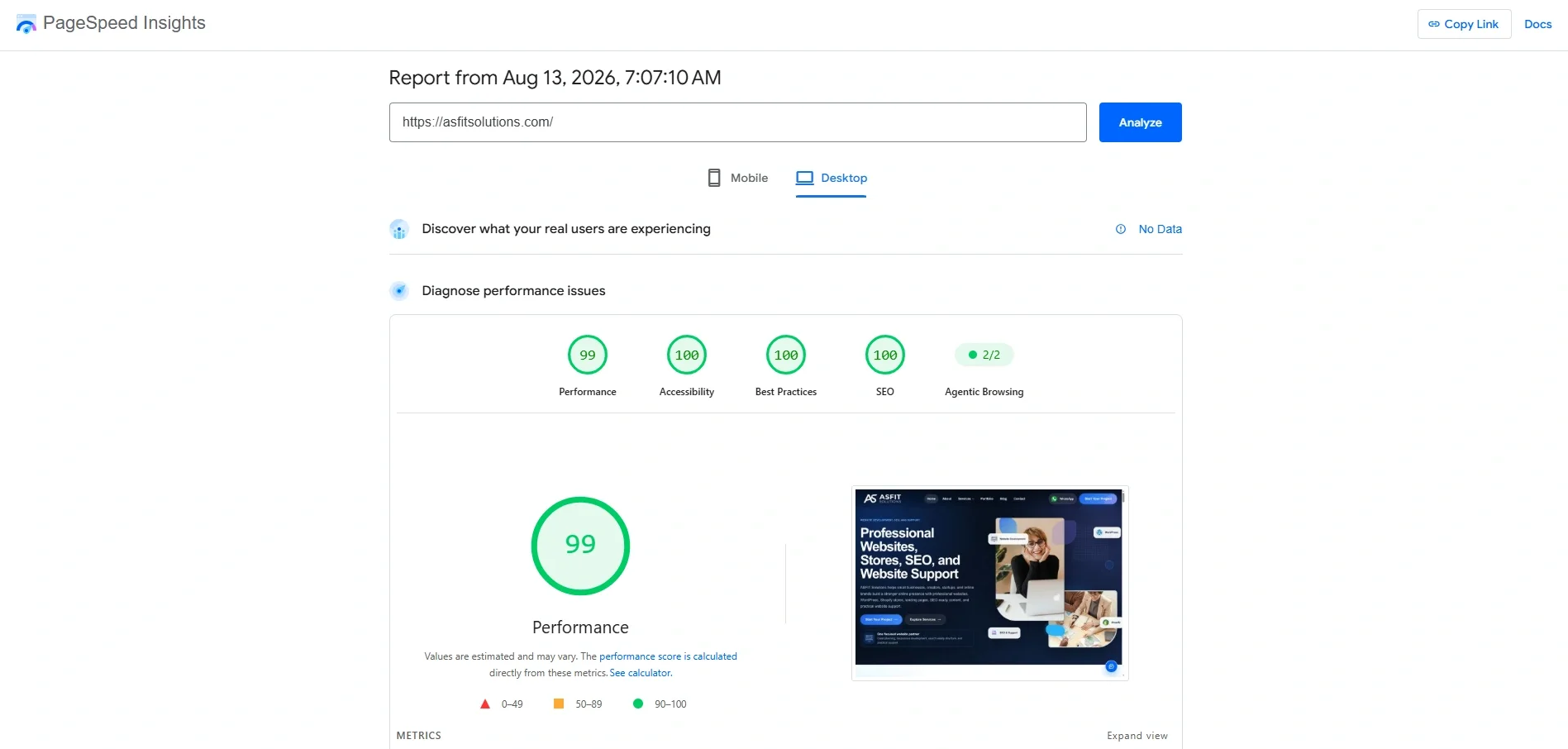 ASFIT Solutions desktop PageSpeed results showing 99 performance and 100 accessibility SEO and best practices scores