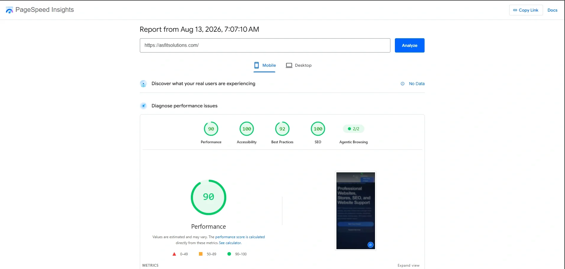 ASFIT Solutions mobile PageSpeed results showing 90 performance 100 accessibility 92 best practices and 100 SEO