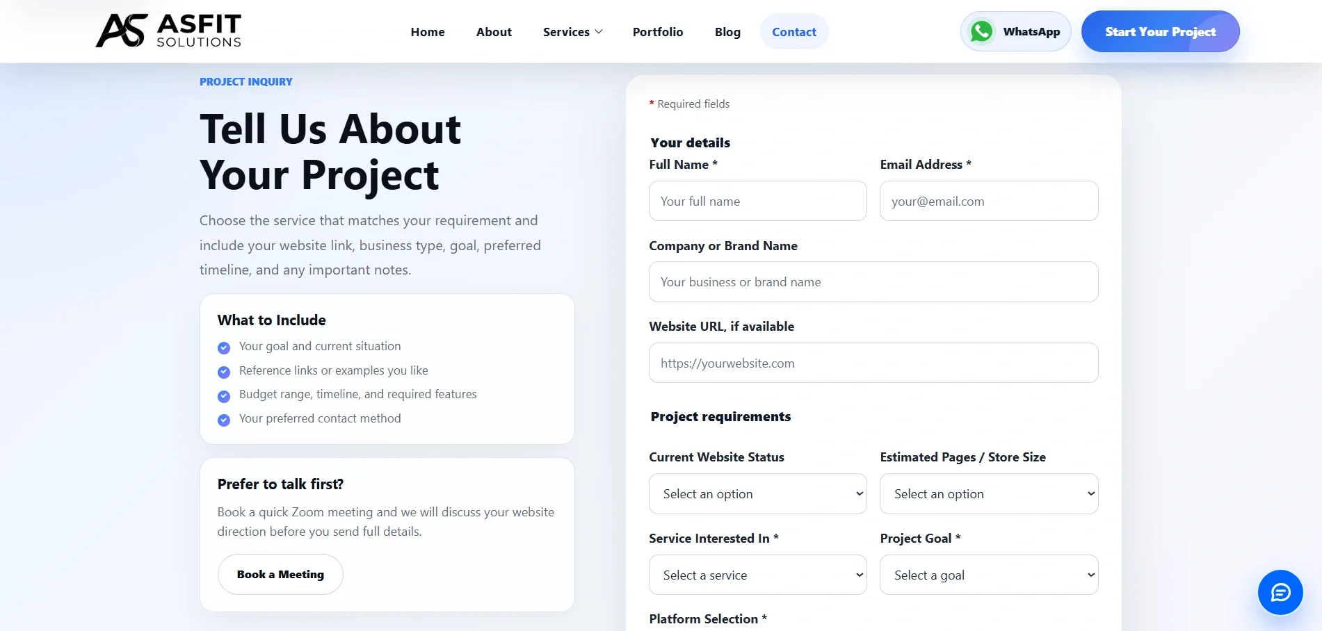 ASFIT Solutions project inquiry form for submitting website SEO and digital service requirements