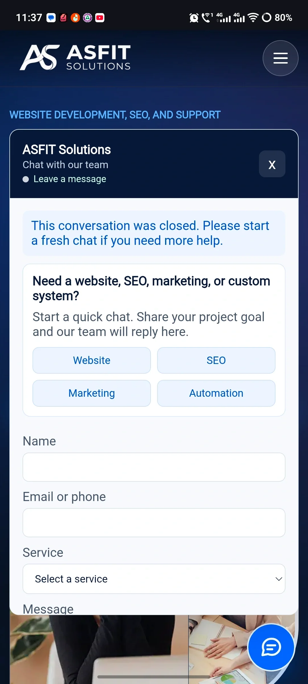 ASFIT Solutions mobile chat interface for website visitor enquiries and support