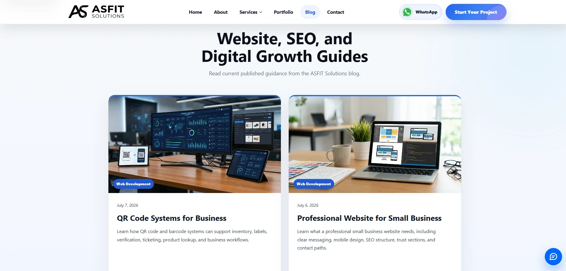 ASFIT Solutions blog page showing published article cards managed through ASFIT Studio