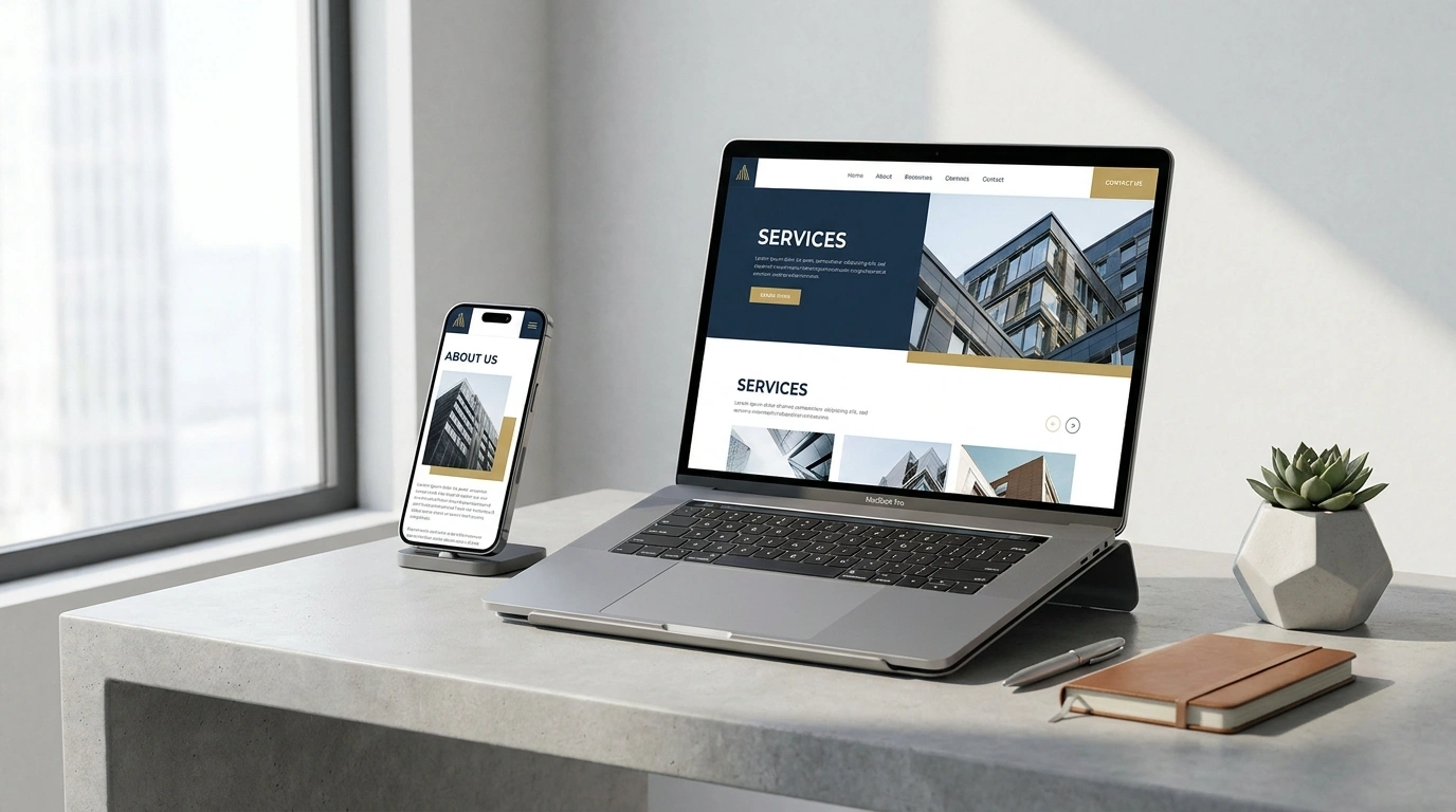 Business website concept displayed across desktop and mobile screens