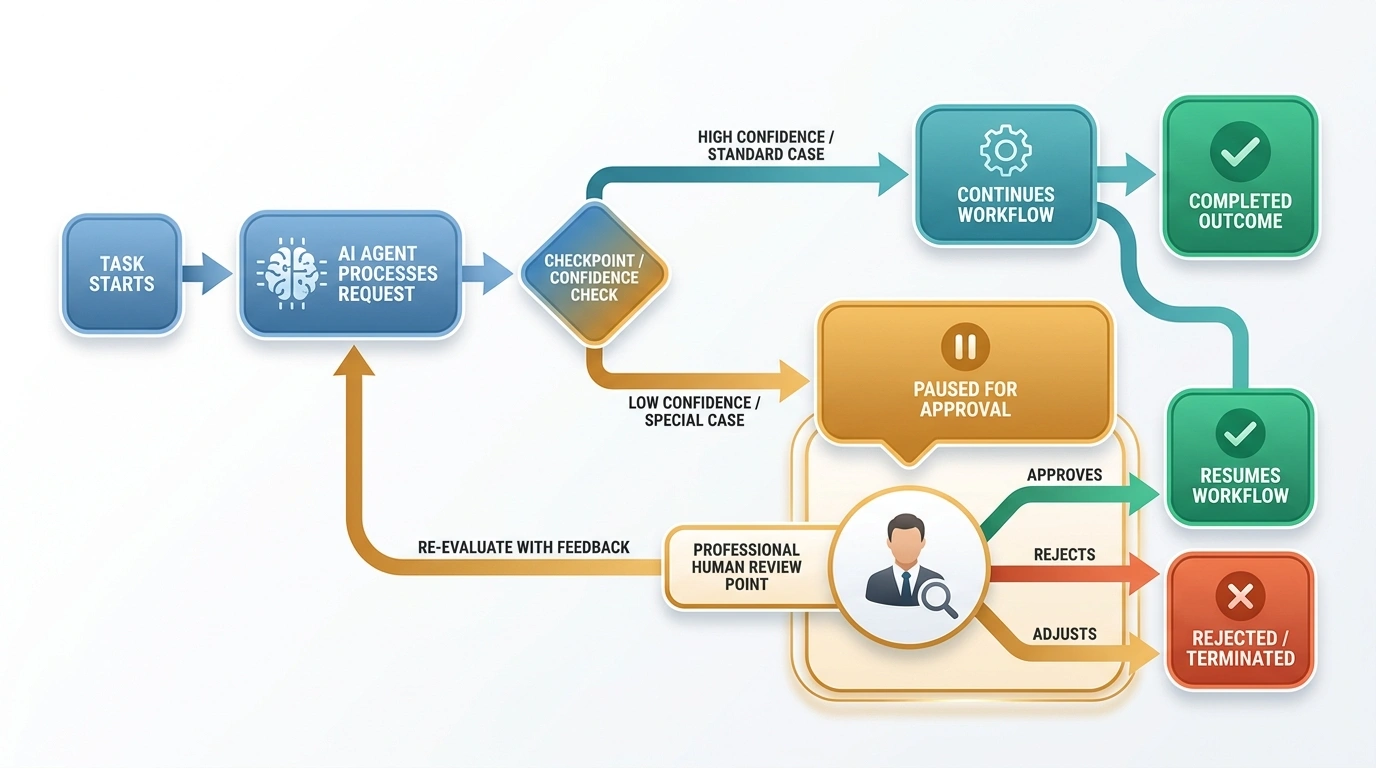 AI agent checkpoint routing standard cases forward and pausing sensitive or uncertain cases for professional human review