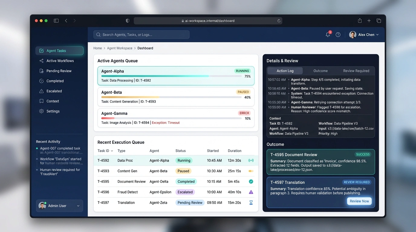 Conceptual AI agent workspace showing active tasks, execution stages, review items, context, and outcomes