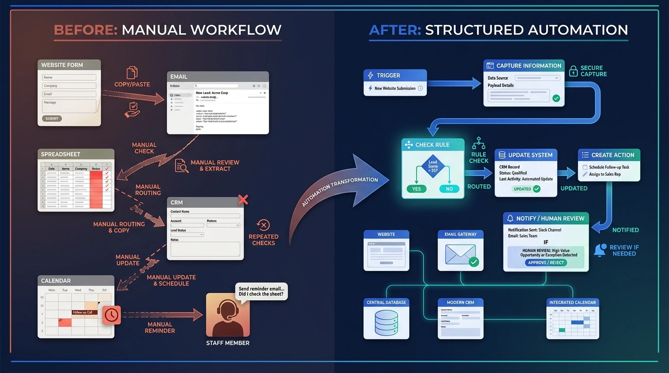 Side-by-side comparison of manual business handling and a connected workflow with rule checks, system updates, notifications, and human review
