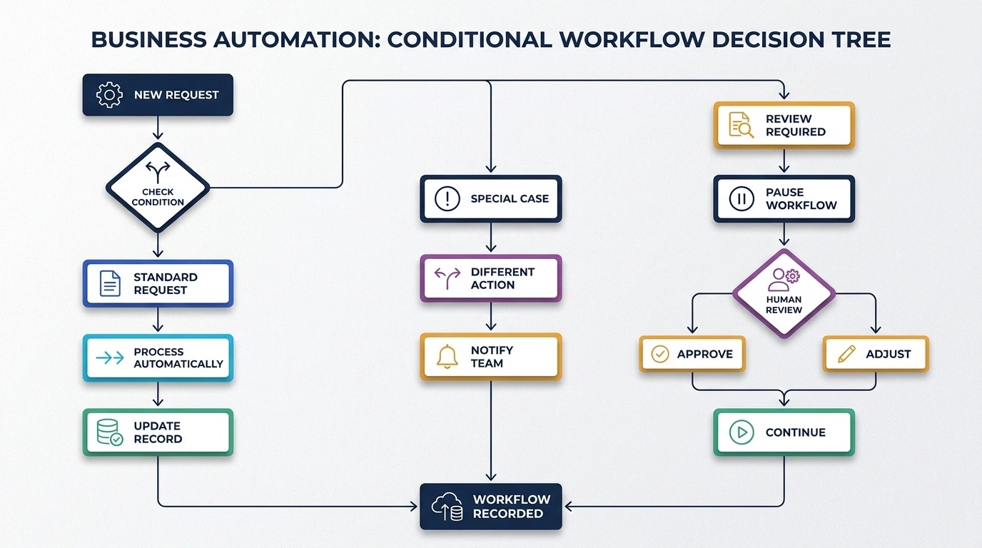 Conditional business automation decision tree routing standard requests, special cases, and review-required items through different paths