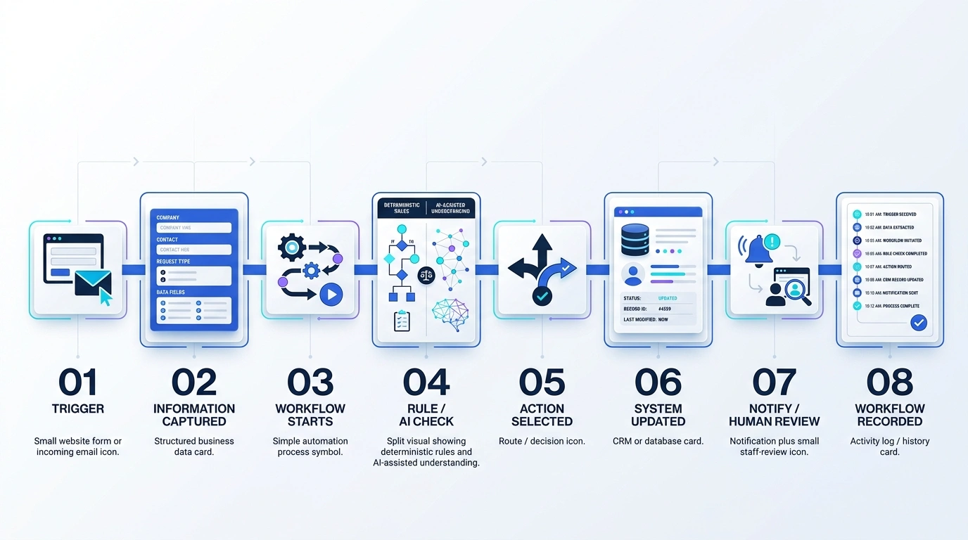 Eight-stage business automation journey from trigger and captured information through rule checks, system updates, human review, and recorded workflow completion