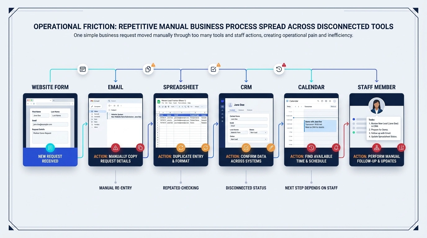 Manual business process moving website enquiry information through email, a spreadsheet, CRM, calendar, and staff follow-up