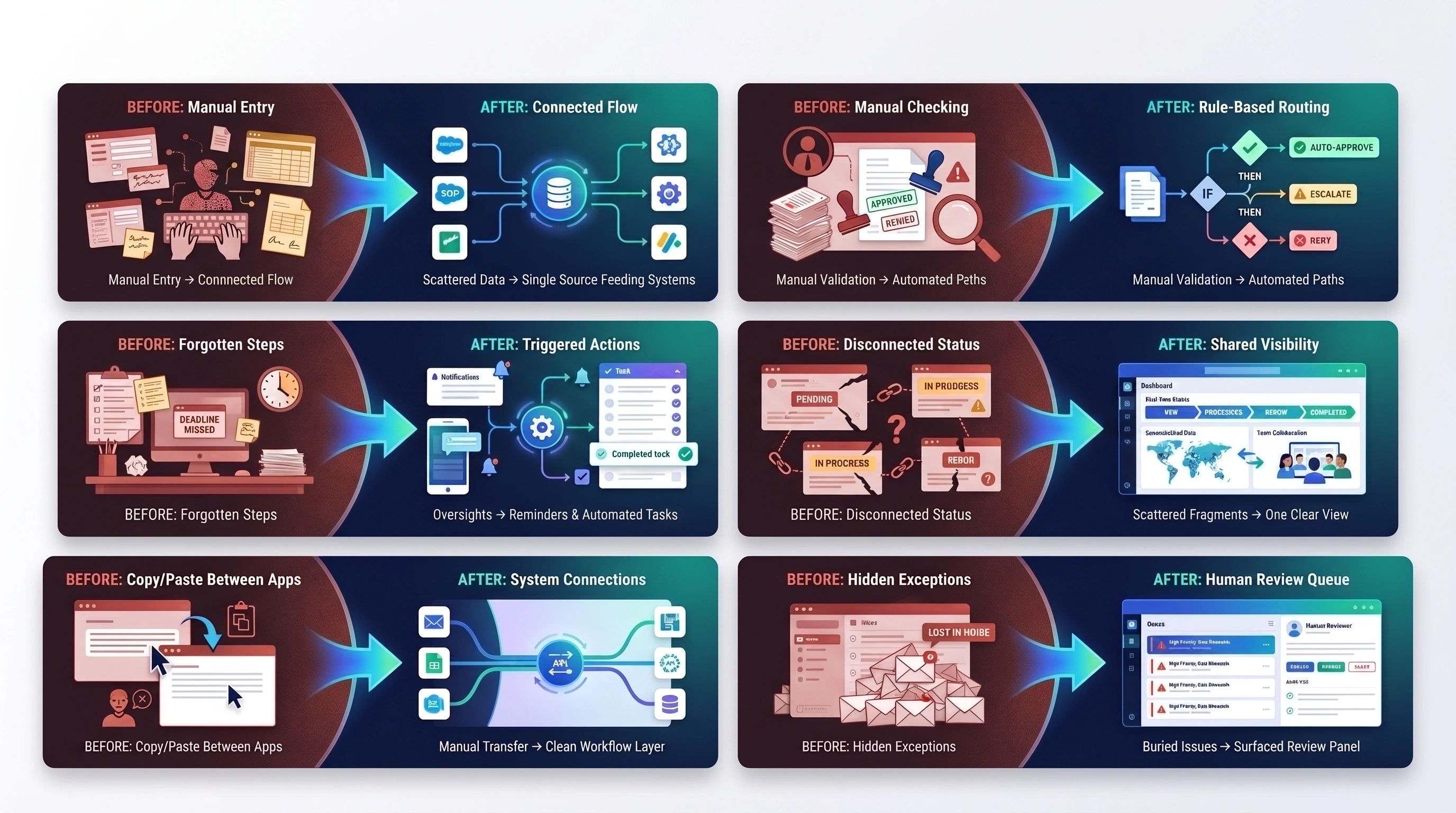 Six business workflow transformations from manual entry, checking, missed steps, disconnected status, copy and paste, and hidden exceptions to structured automation