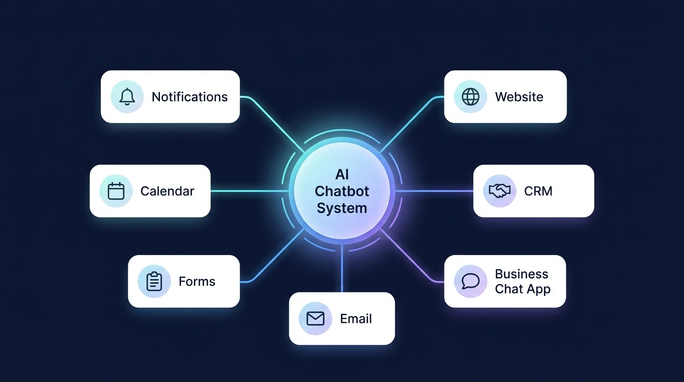 AI chatbot ecosystem with conceptual connections to website, CRM, business chat, email, forms, calendar, and notifications