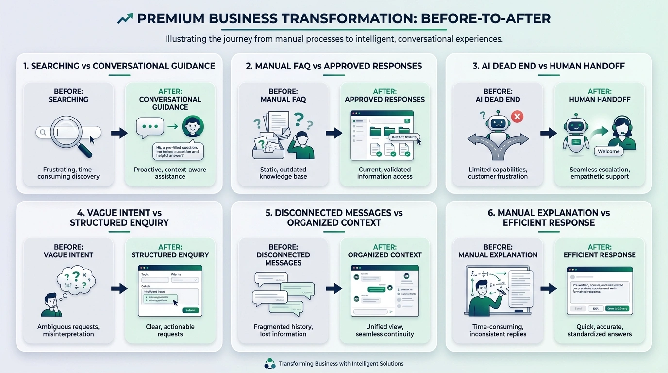 Six business workflow transformations from manual visitor friction to organized AI-assisted guidance and human follow-up