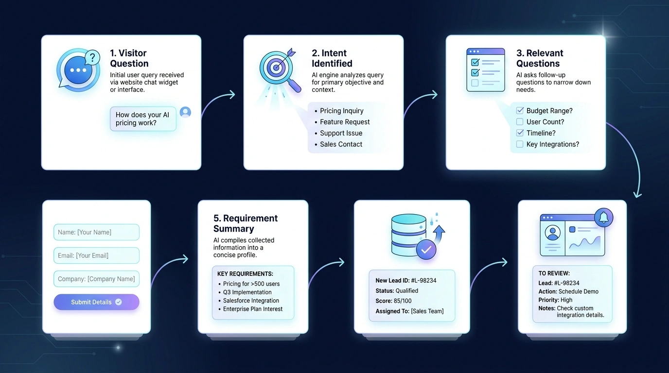 Supporting AI chatbot workflow from visitor question and intent through requirement summary and human review