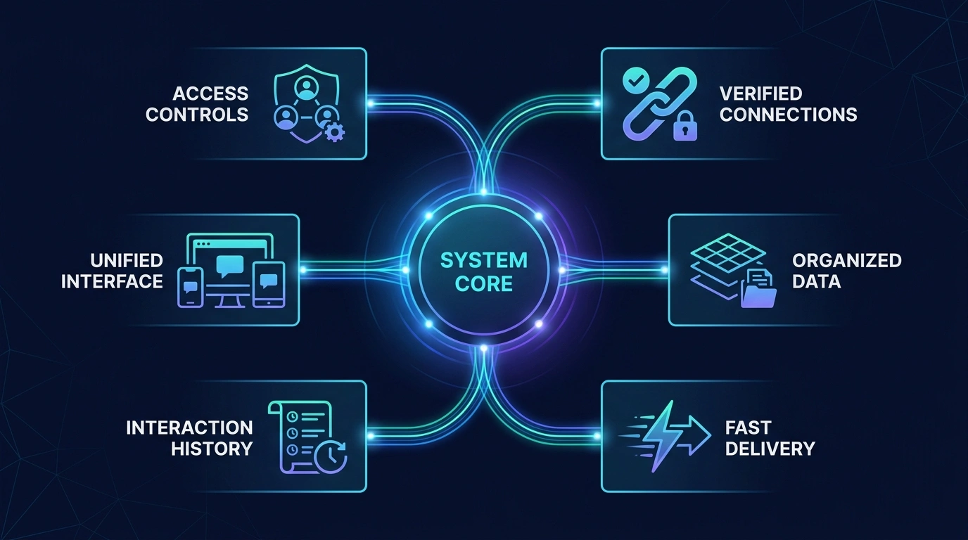 Business messaging system foundation connecting access controls, interfaces, history, supported connections, organized data, and message delivery