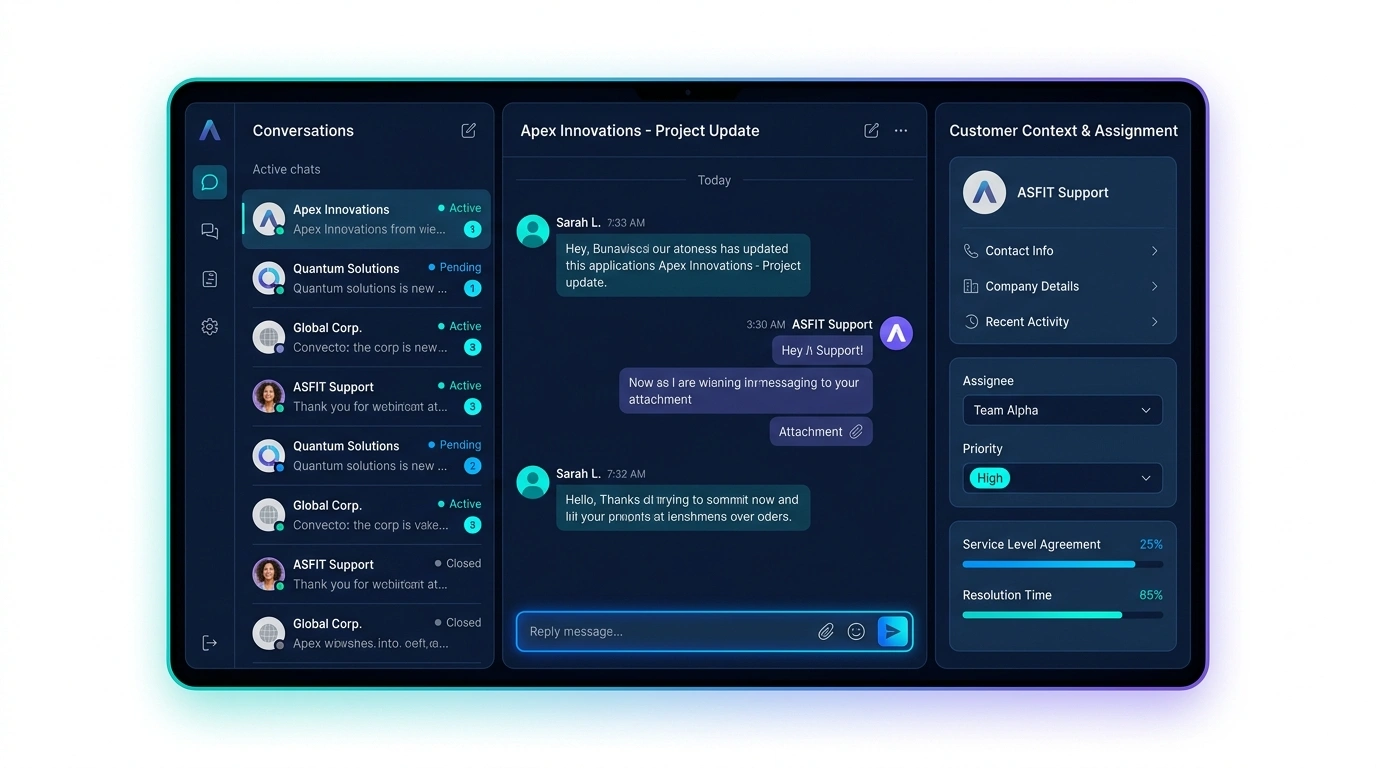 Business chat dashboard showing a shared staff inbox, active conversation, customer context, and assignment controls