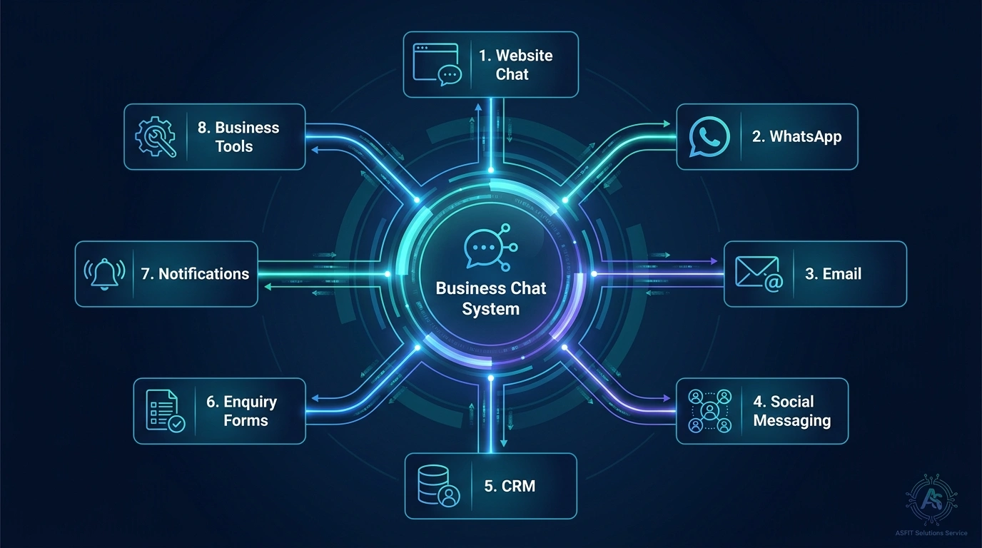 Business chat integration ecosystem connecting website chat, WhatsApp, email, social messaging, CRM, enquiry forms, notifications, and supported business tools