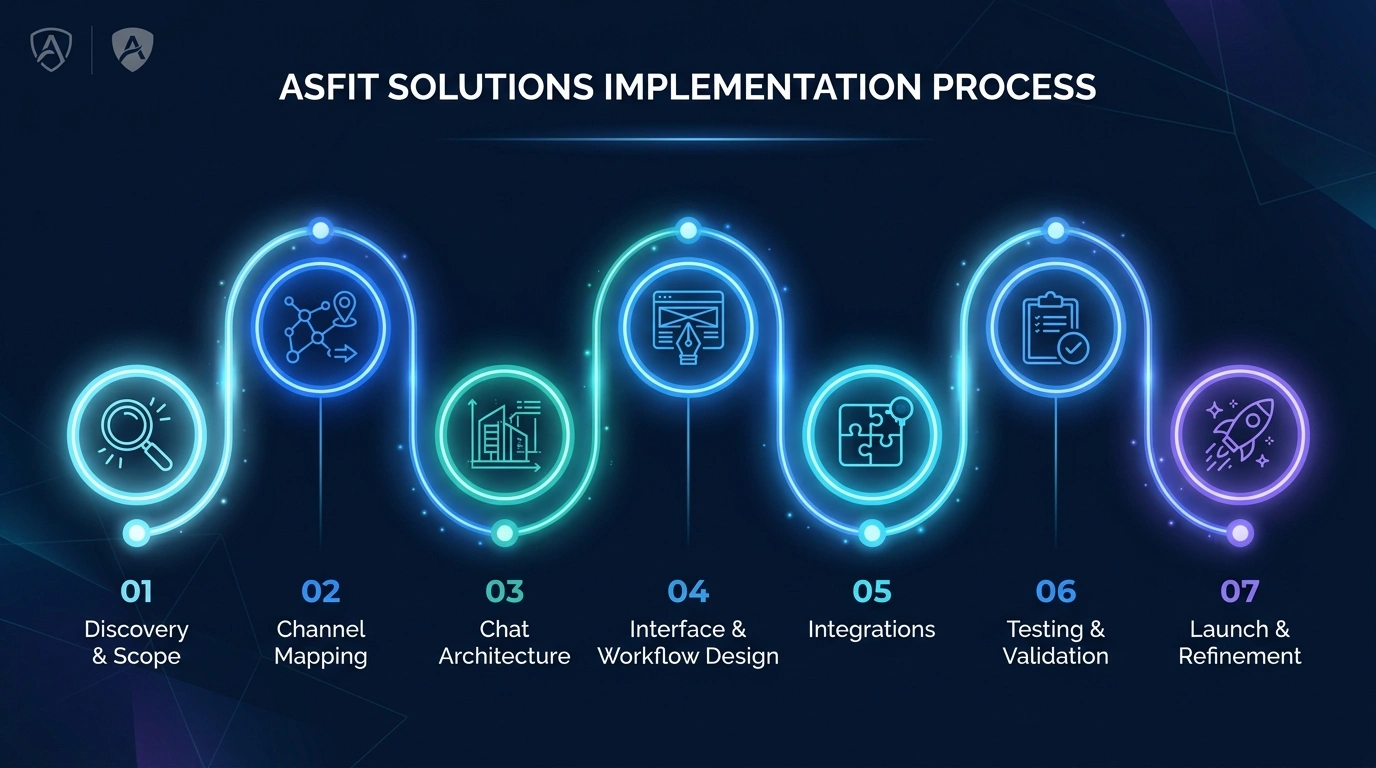 Seven-stage ASFIT implementation process for a business chat application from discovery through launch and refinement