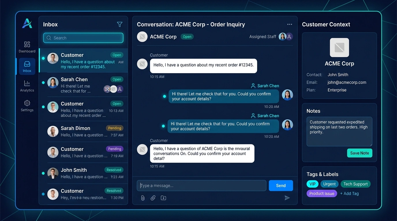 Staff business chat workspace with conversation inbox, active message thread, customer context, owner, notes, and tags