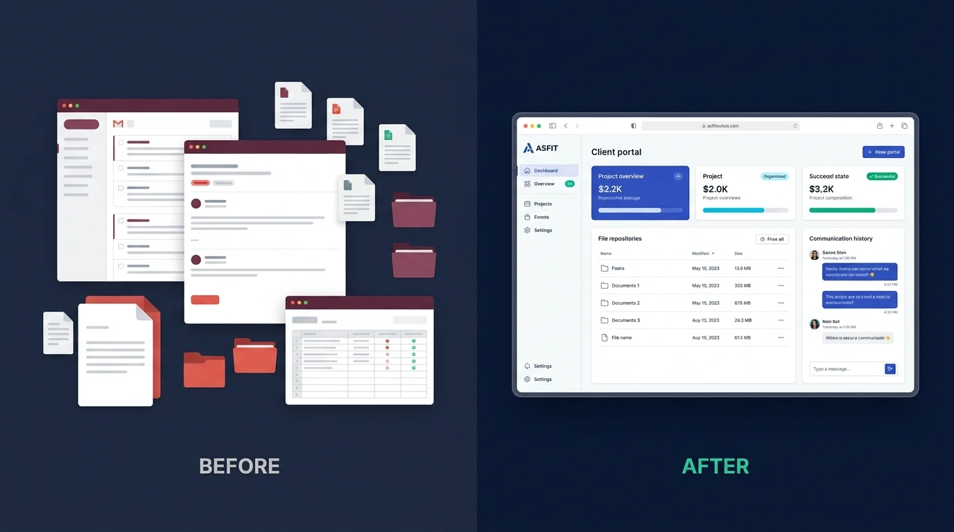 Before and after comparison of fragmented client communication and an organized client portal workspace