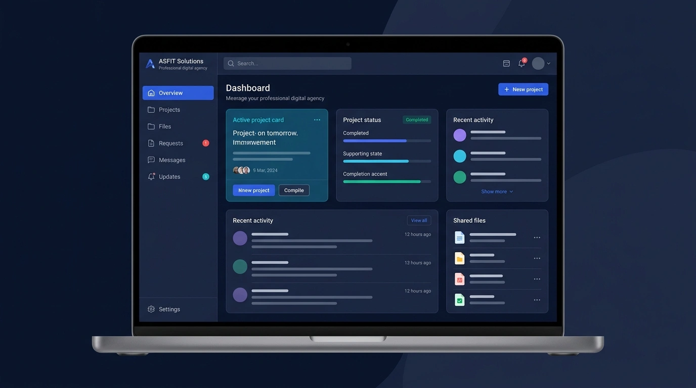 Client portal dashboard displayed on a laptop with projects, status, activity, requests, and shared files