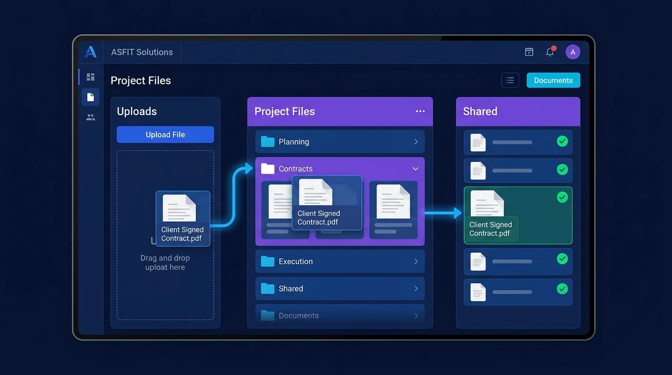 Client portal file workspace organizing uploads, project folders, and shared documents