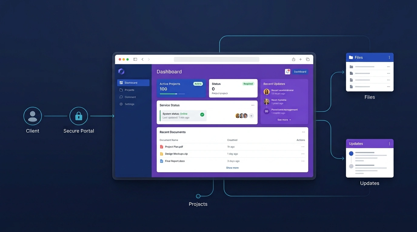 Custom client portal dashboard connecting protected access with projects, files, requests, and updates