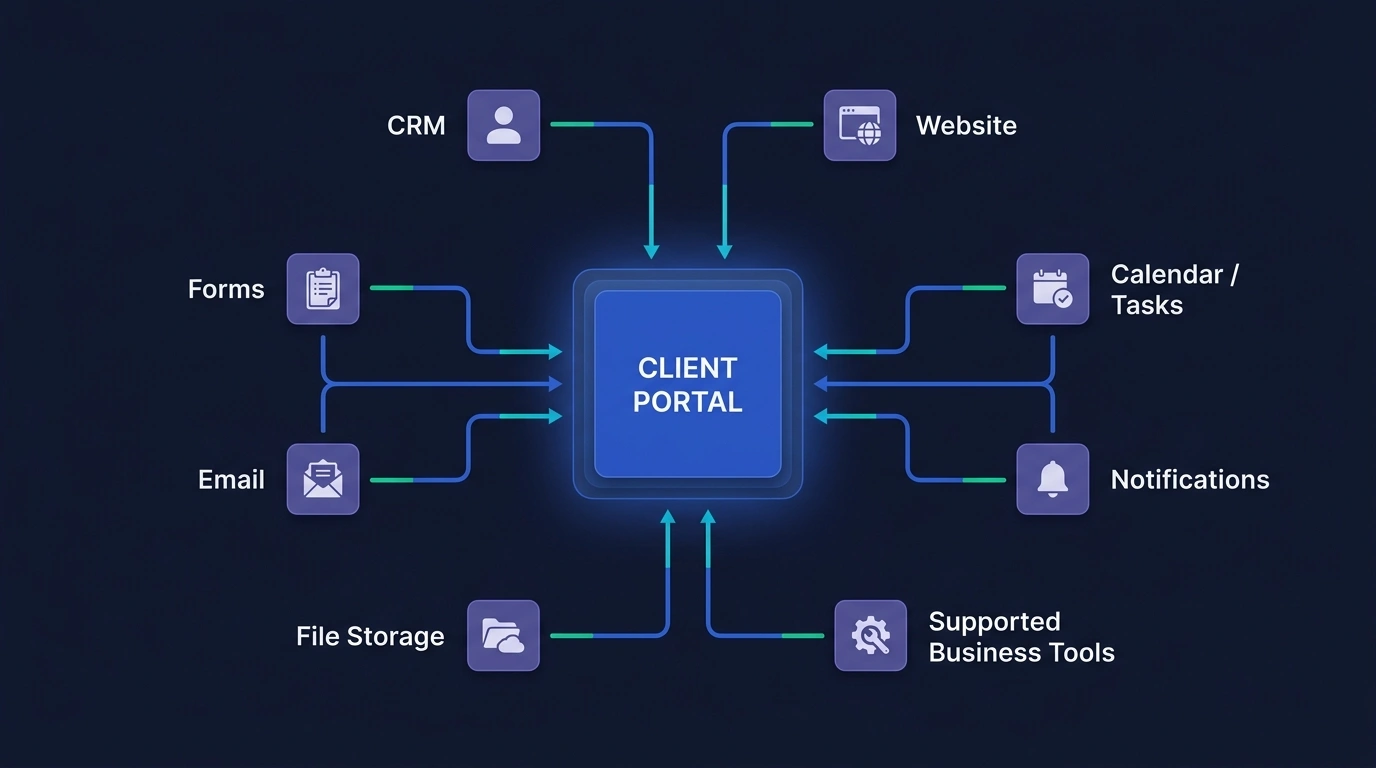Client portal integration ecosystem connecting CRM, website, forms, email, file storage, tasks, notifications, and supported business tools