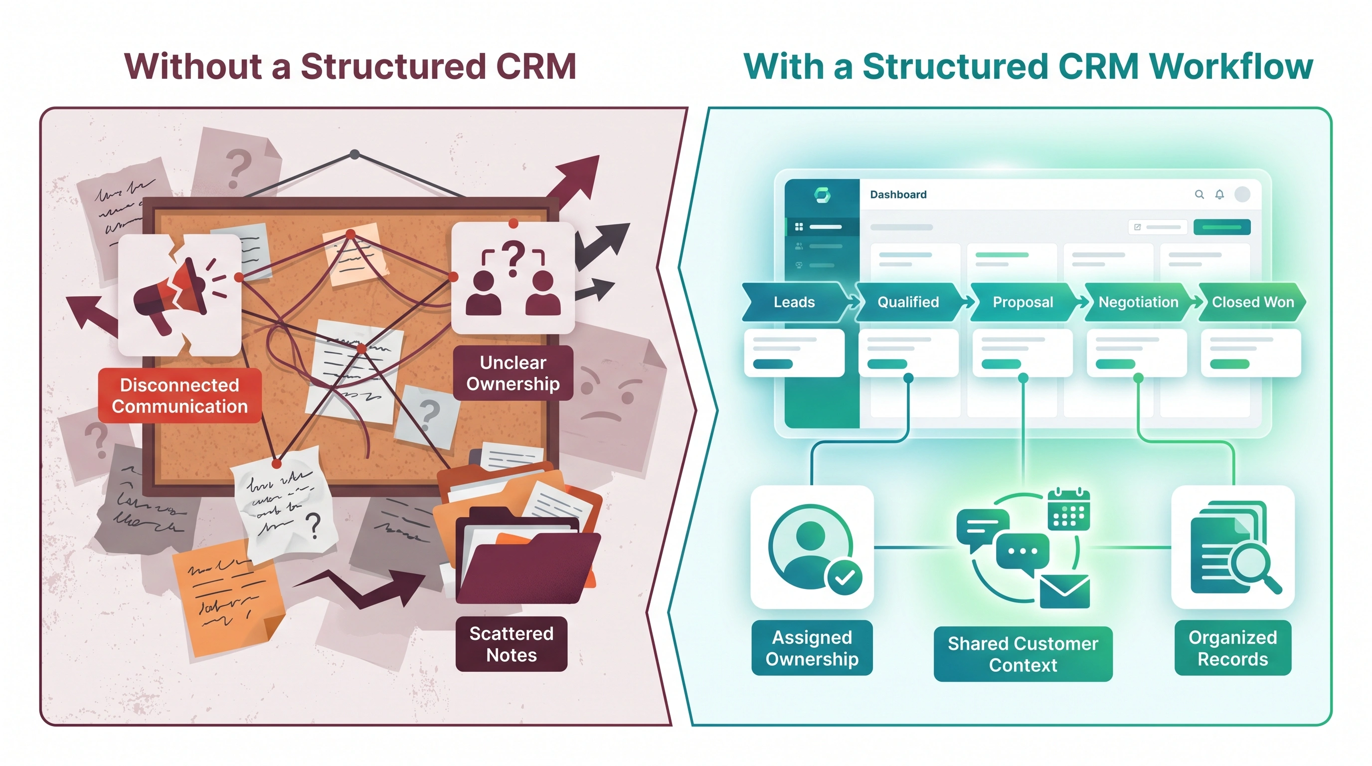 Comparison of disconnected customer management with a structured CRM workflow