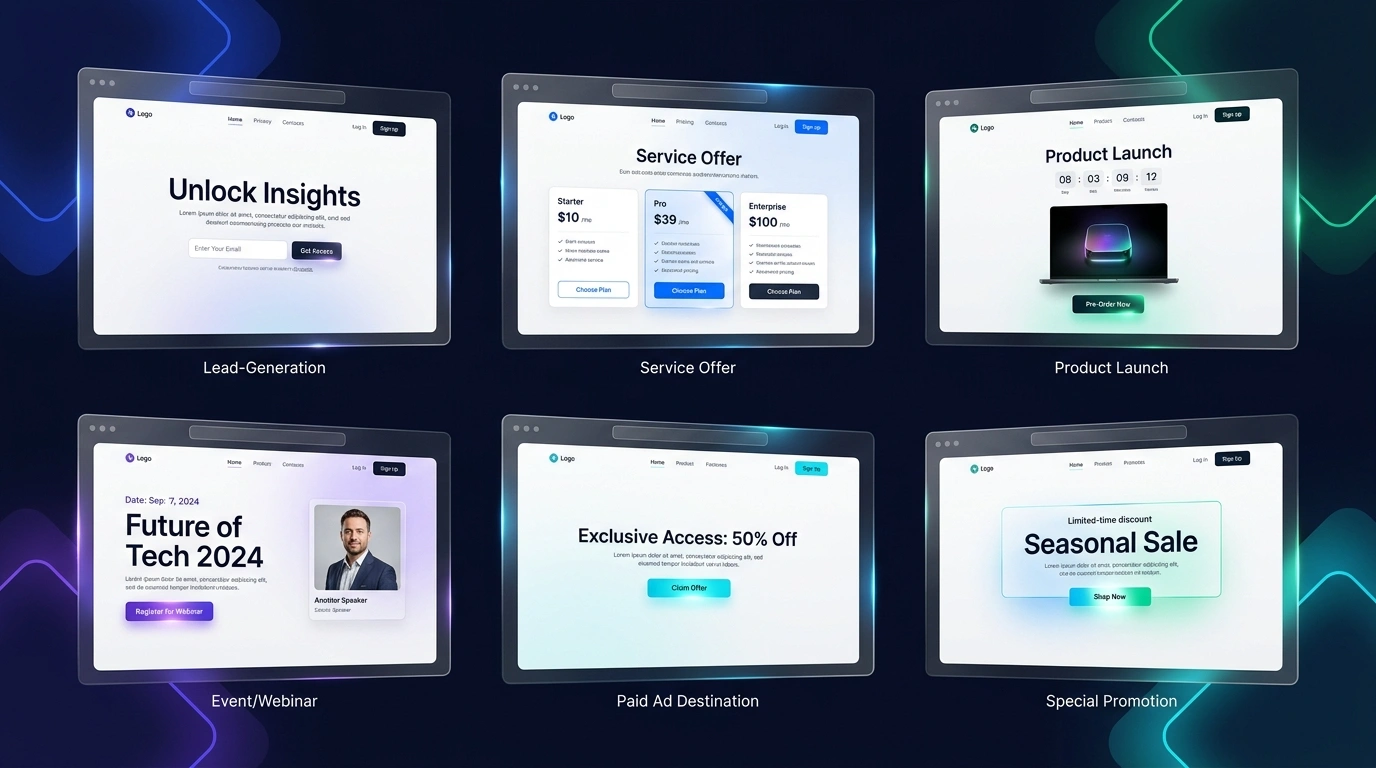 Six landing page examples for lead generation, service offers, product launches, events, paid ads, and promotions