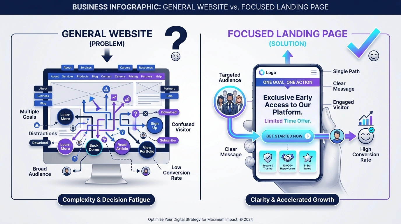 Visual comparison between a general multi-purpose website and a focused landing page