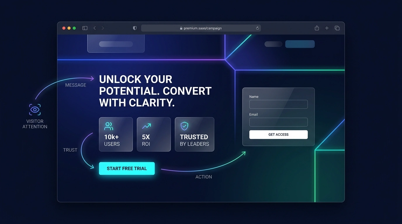 Illustrative focused landing page with a clear message, trust information, form, and primary action