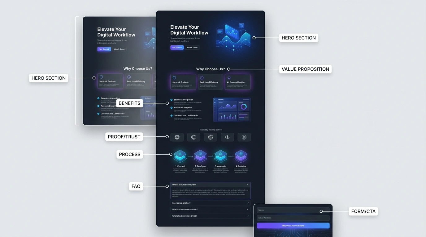 Landing page anatomy showing the hero, value proposition, benefits, proof, process, FAQ, and form sections