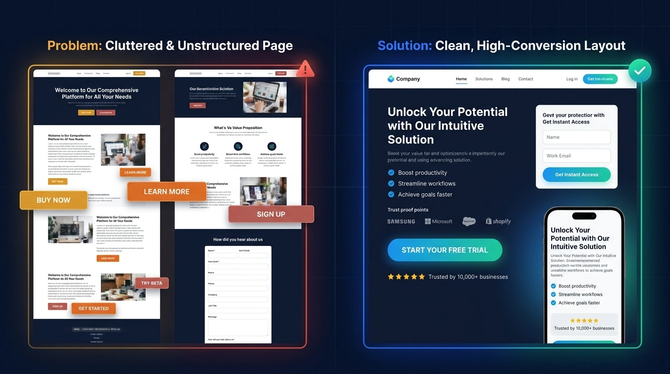Comparison of a cluttered campaign page and a clearer focused landing page layout