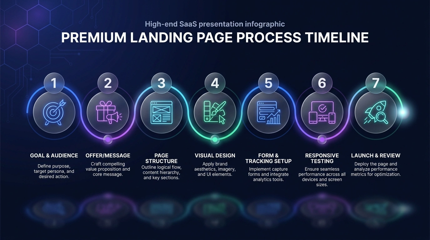 Seven-stage landing page project process from goal and audience planning through launch review