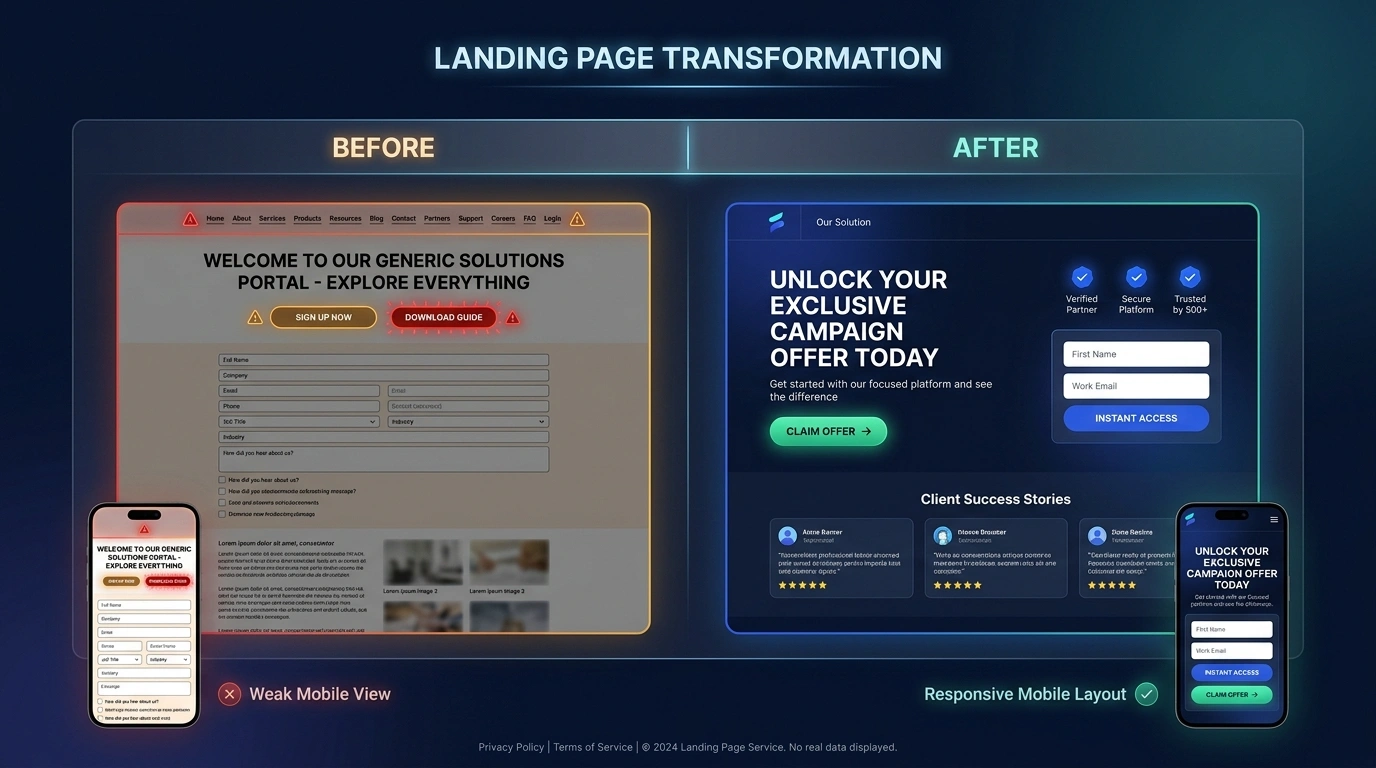 Before and after landing page transformation across desktop and mobile layouts