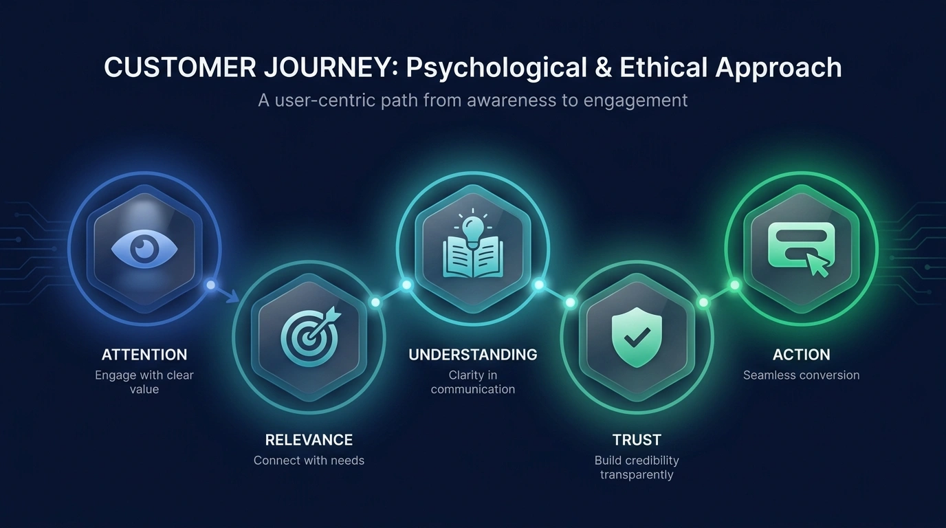 Visitor pathway from attention and relevance through understanding, trust, and action