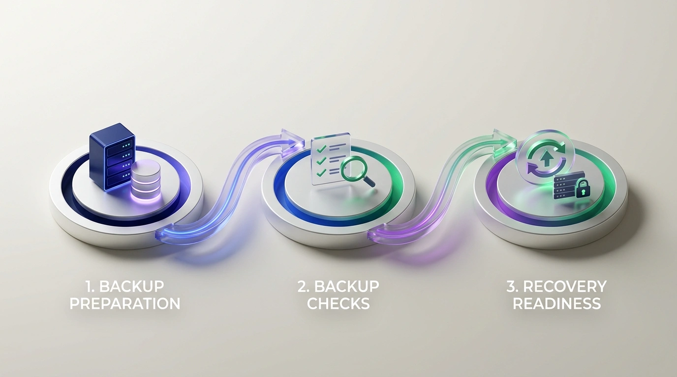 Backup preparation, backup checks, and recovery readiness before website changes