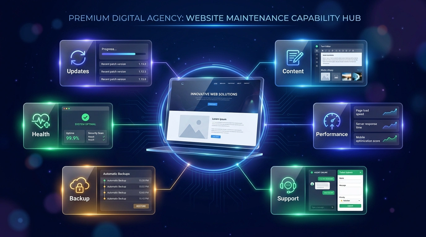 Website maintenance capability hub for updates, content, health, performance, backup preparation, and support