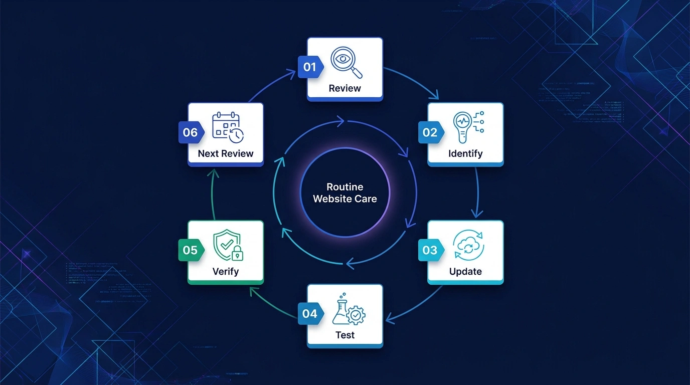 Routine website maintenance cycle covering review, identify, update, test, verify, and next review