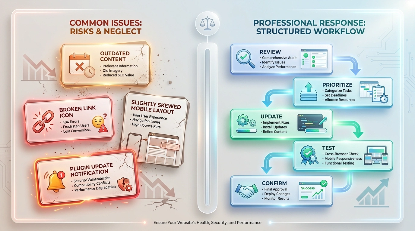 Comparison of common website issues and a structured maintenance workflow