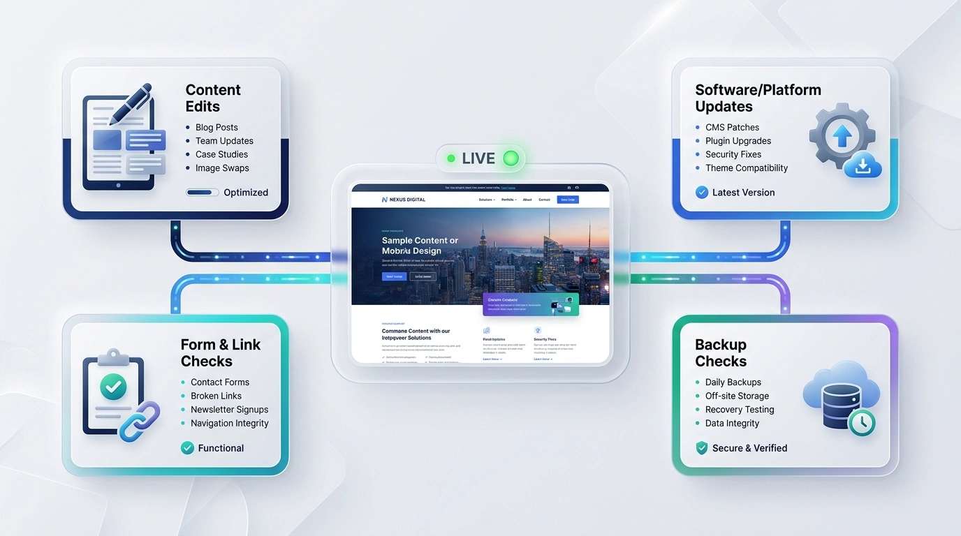Four pillars of post-launch website care covering content, updates, forms, links, and backup preparation