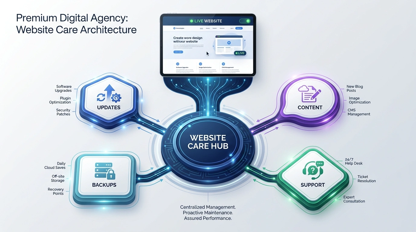 Website care architecture connecting platform updates, content currency, backup readiness, and technical support
