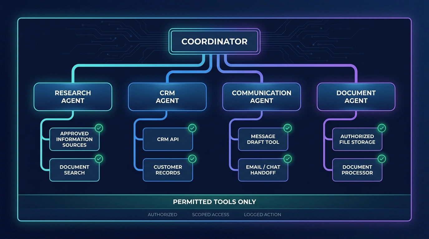 Coordinator assigning permitted tools to research, CRM, communication, and document agents with scoped access and logged actions