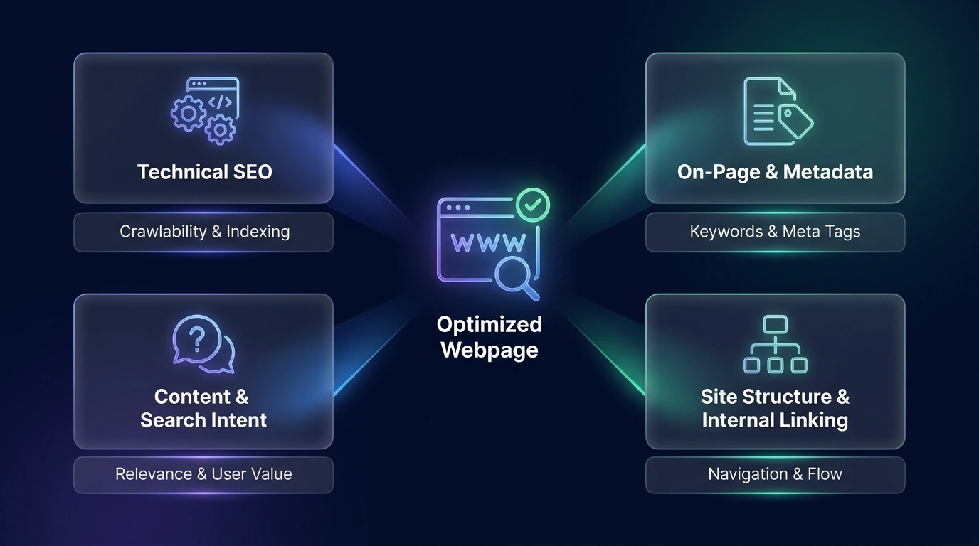 SEO capability map covering technical SEO, metadata, search intent, and internal linking